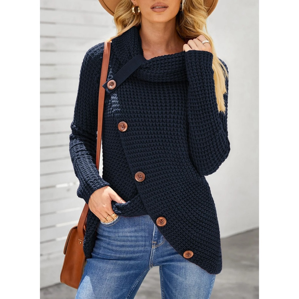 Long Sleeve Waffle Knit Cowl Neck Sweater - Picture 10 of 11